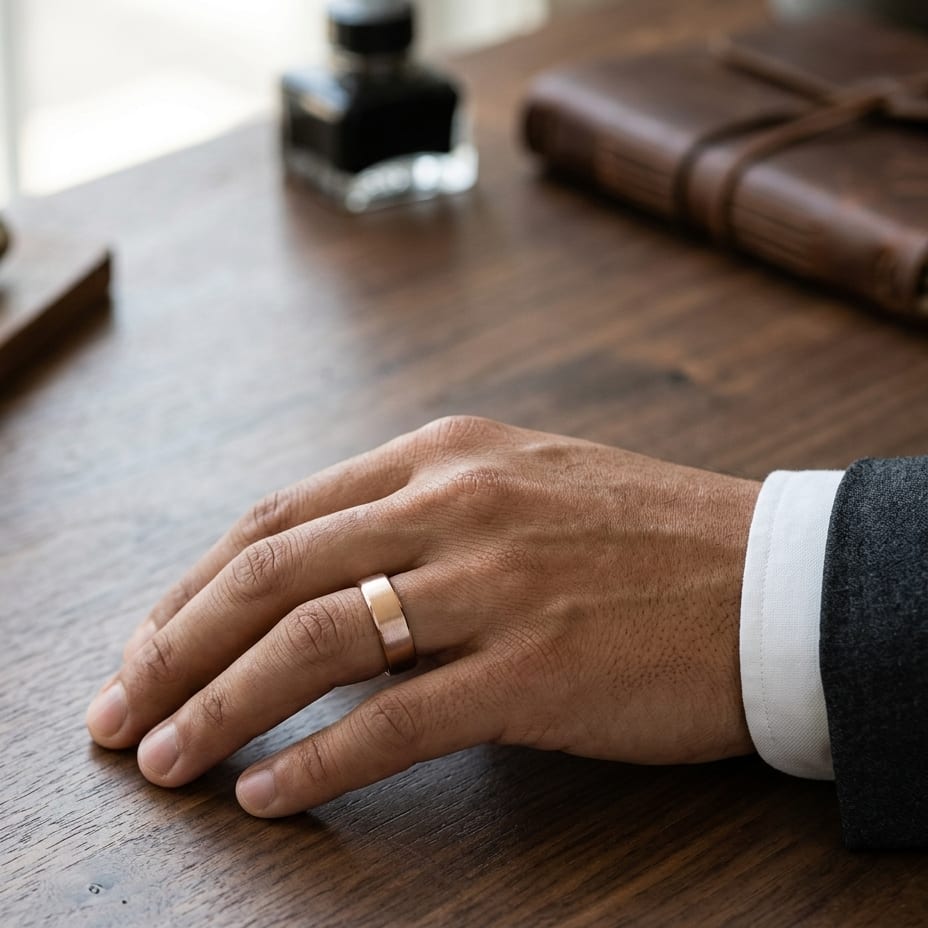 7.5mm Satin Finish Carved Wedding Band in 14K Rose Gold, worn on hand, masculine full view