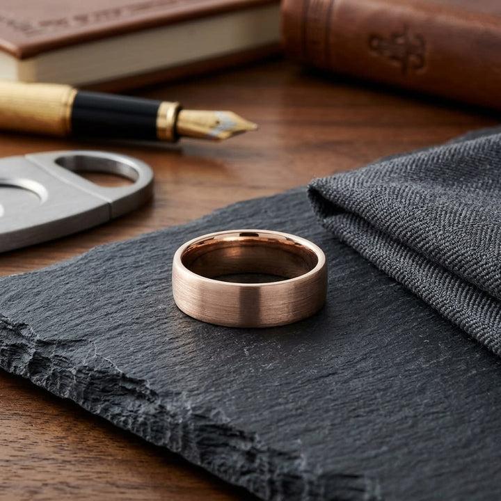 7.5mm Satin Finish Carved Wedding Band in 14K Rose Gold, on walnut surface with pocket square