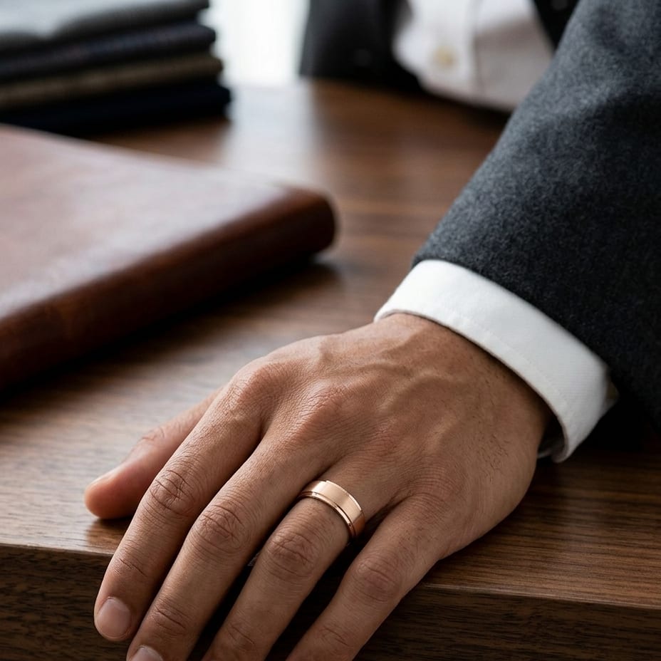 8mm Satin Finish High Polished Beveled Edge Carved Wedding Band in 14K Rose Gold, worn on hand, masculine full view