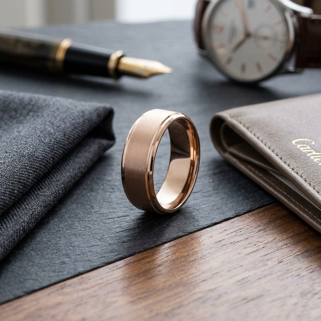 8mm Satin Finish High Polished Beveled Edge Carved Wedding Band in 14K Rose Gold, on walnut surface with pocket square