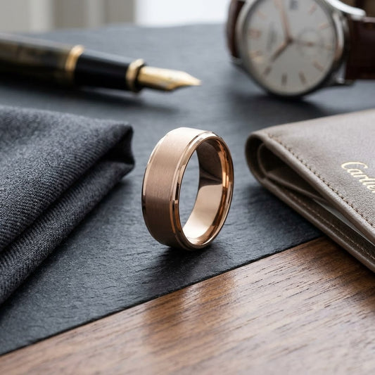 8mm Satin Finish High Polished Beveled Edge Carved Wedding Band in 14K Rose Gold, on walnut surface with pocket square