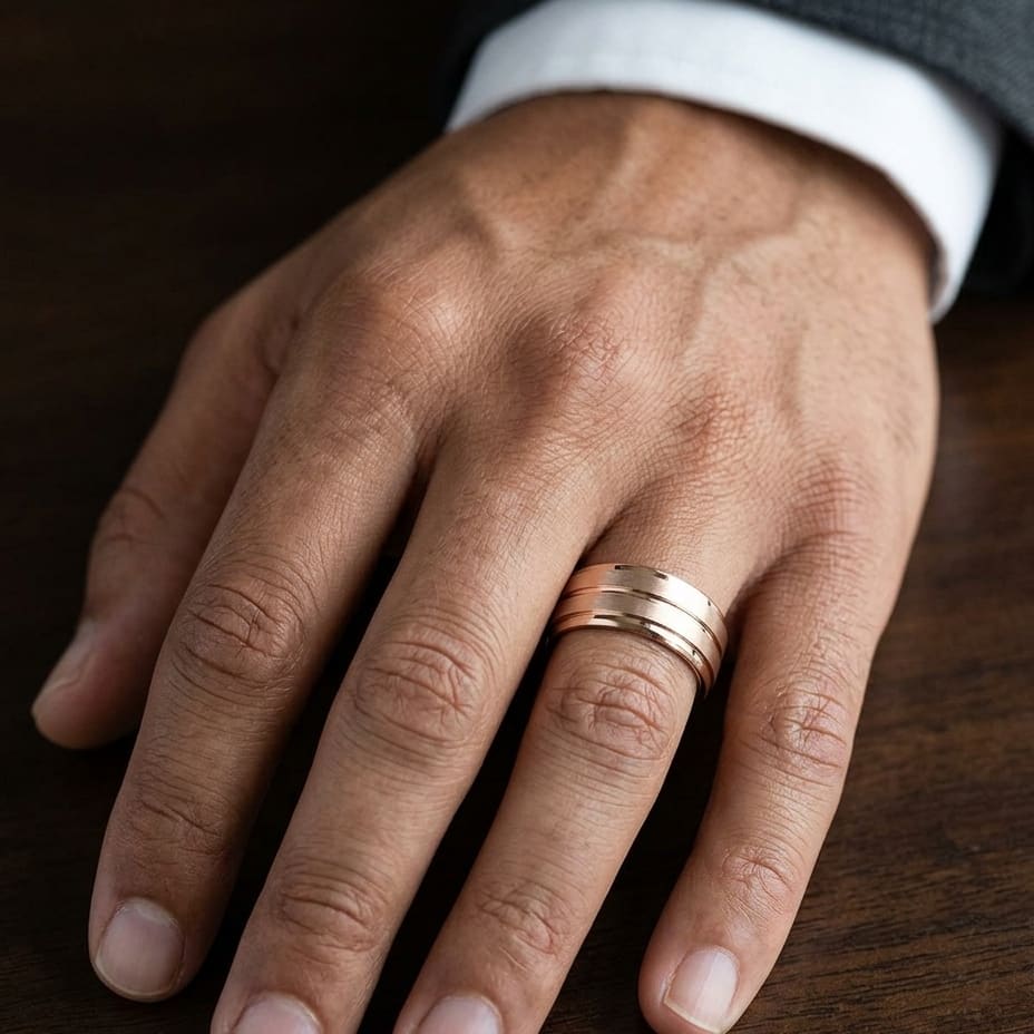 8mm Satin Finish High Polished Center Cut Carved Wedding Band in 14K Rose Gold, worn on hand, masculine close-up