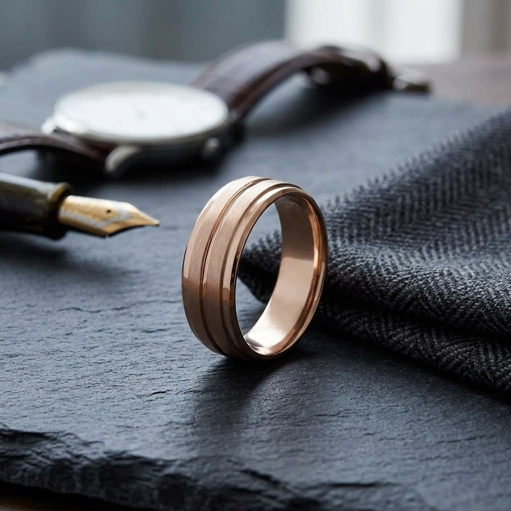 8mm Satin Finish High Polished Center Cut Carved Wedding Band in 14K Rose Gold, on walnut surface with pocket square