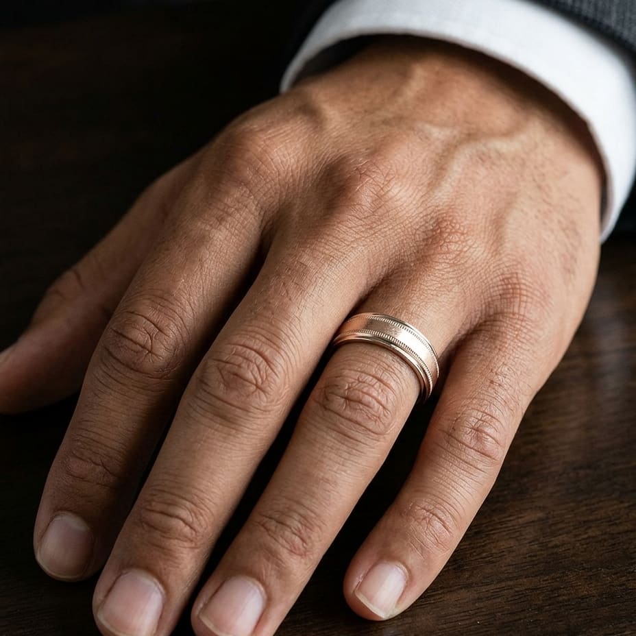 7mm Round Edge Swirl Finish Carved Wedding Band in 14K Rose Gold, worn on hand, masculine close-up
