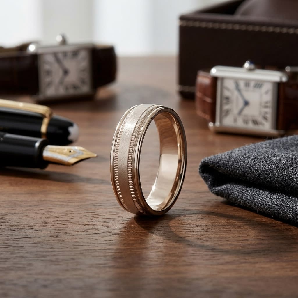 7mm Round Edge Swirl Finish Carved Wedding Band in 14K Rose Gold, on walnut surface with pocket square