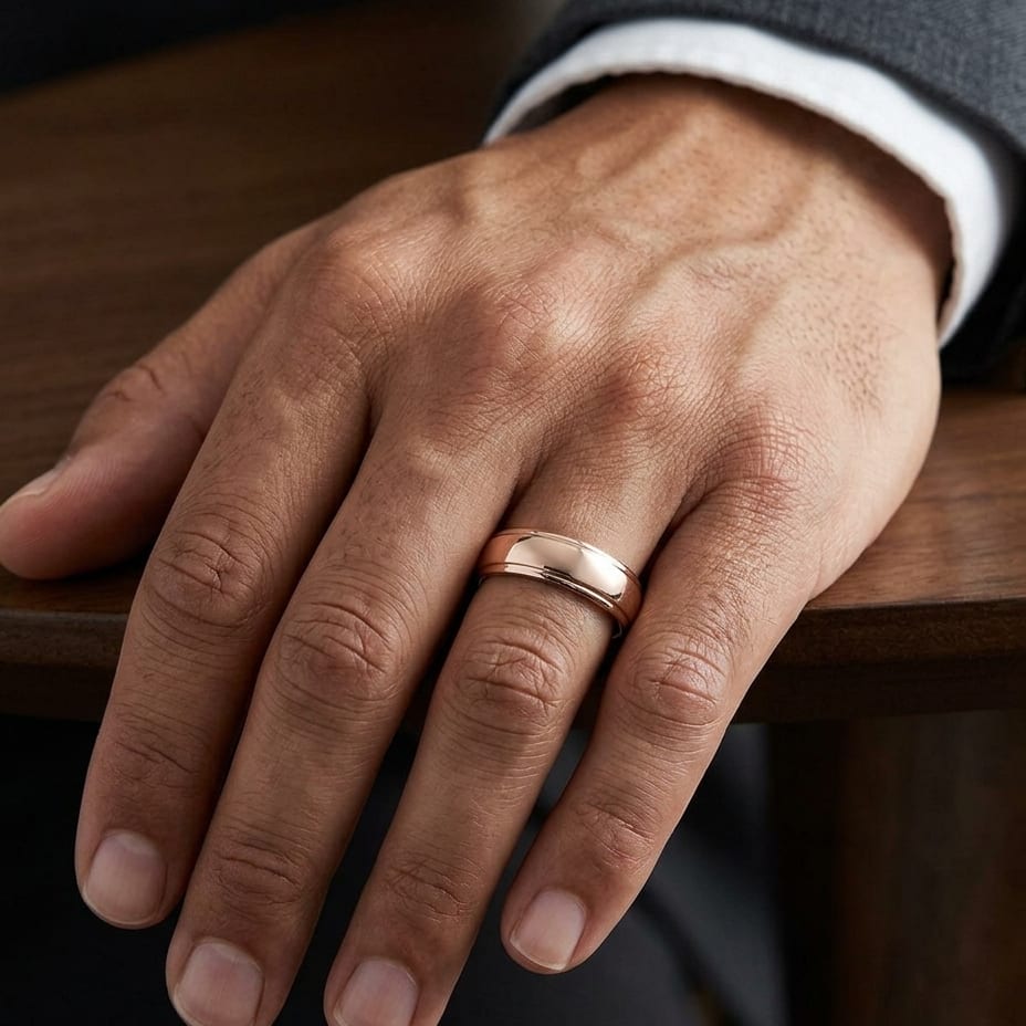 6.5mm Drop Edge High Polish Carved Wedding Band in 14K Rose Gold, worn on hand, masculine close-up