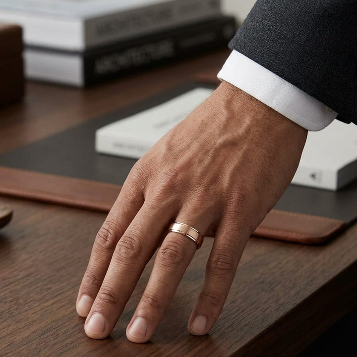 6.5mm Drop Edge High Polish Carved Wedding Band in 14K Rose Gold, worn on hand, masculine full view