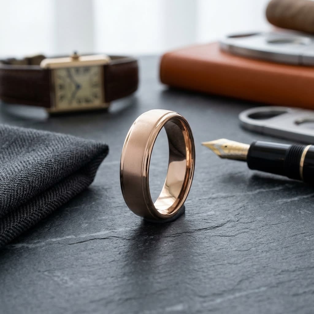6.5mm Drop Edge High Polish Carved Wedding Band in 14K Rose Gold, on walnut surface with pocket square