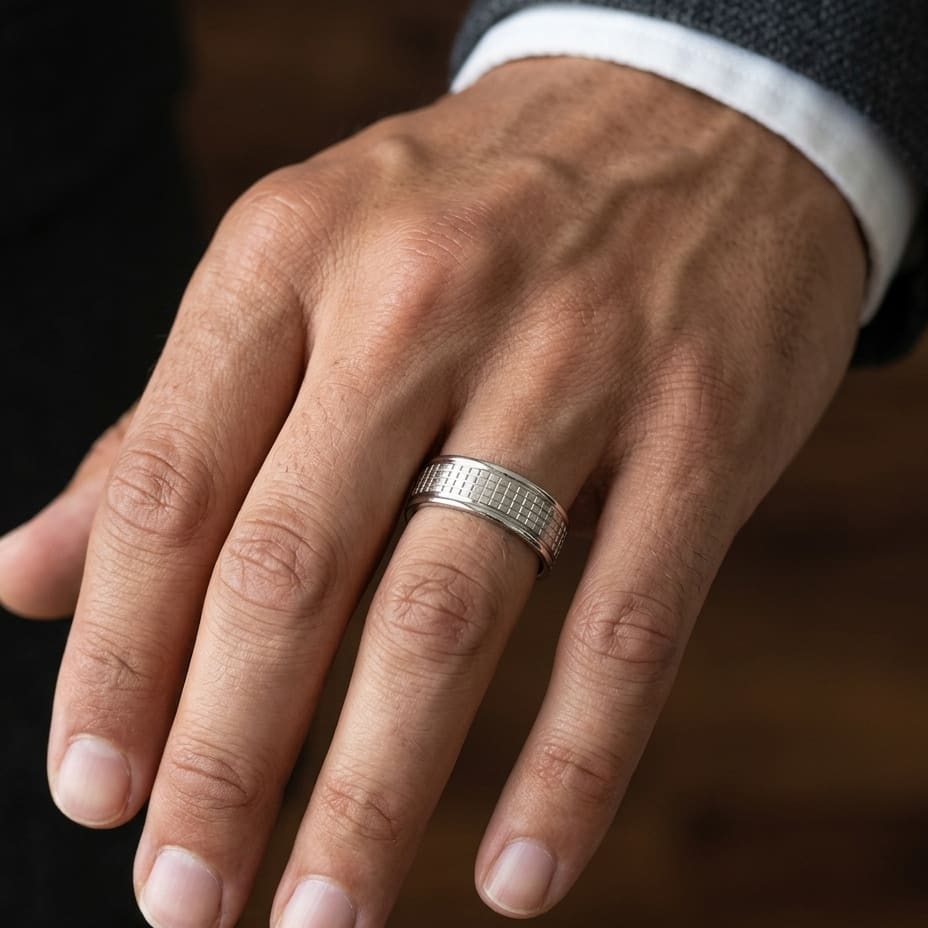 7mm High Polish Cross Hatch Center Carved Wedding Band in 14K Rose Gold, worn on hand, masculine close-up