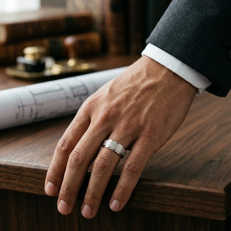 7mm High Polish Cross Hatch Center Carved Wedding Band in 14K Rose Gold, worn on hand, masculine full view