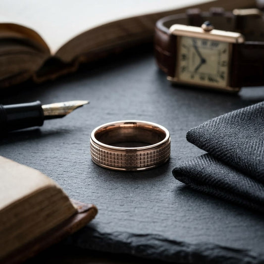 7mm High Polish Cross Hatch Center Carved Wedding Band in 14K Rose Gold, on walnut surface with pocket square