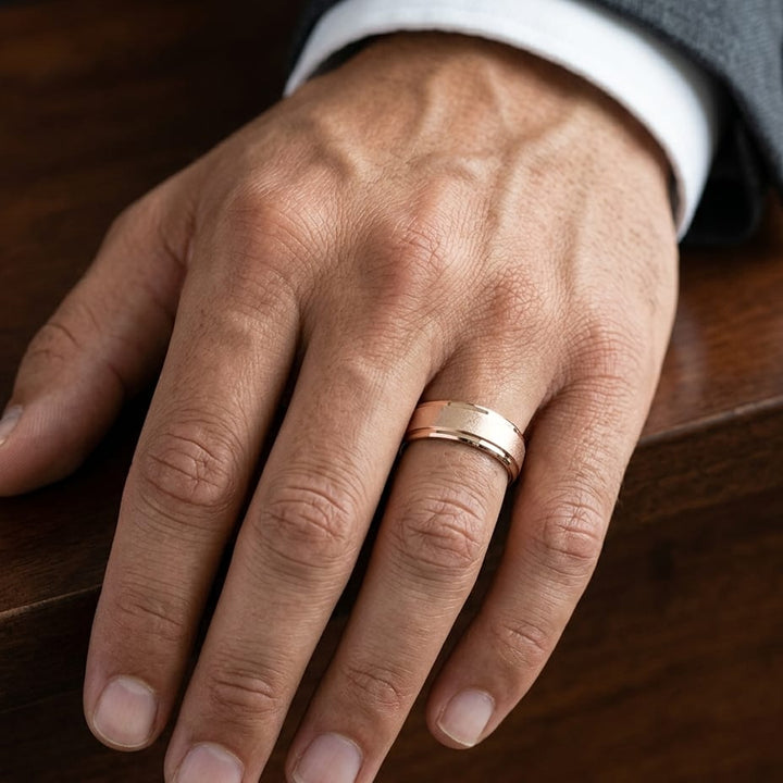 7mm Round Edge Swirl Finish Carved Wedding Band in 14K Rose Gold, worn on hand, masculine close-up