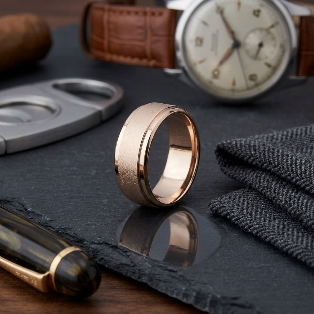 7mm Round Edge Swirl Finish Carved Wedding Band in 14K Rose Gold, on walnut surface with pocket square