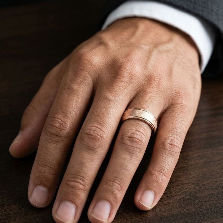 6.5mm Round Edge Swirl Finish Carved Wedding Band in 14K Rose Gold, worn on hand, masculine close-up