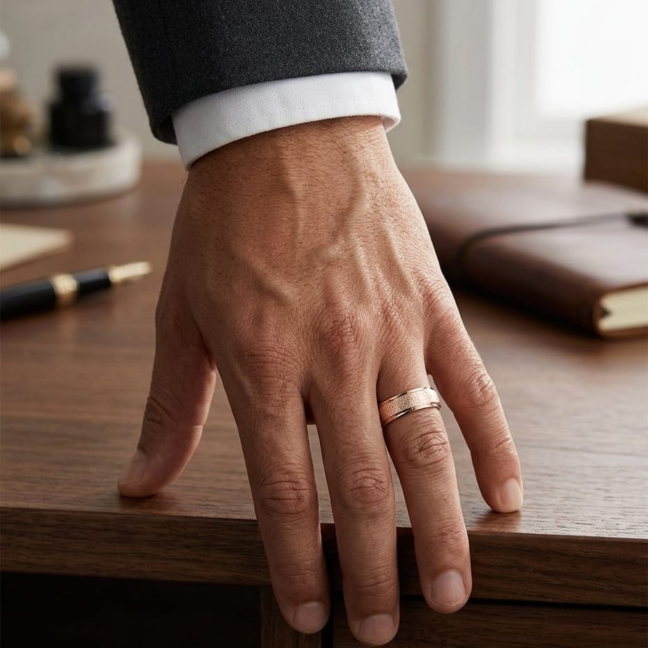 6.5mm Round Edge Swirl Finish Carved Wedding Band in 14K Rose Gold, worn on hand, masculine full view