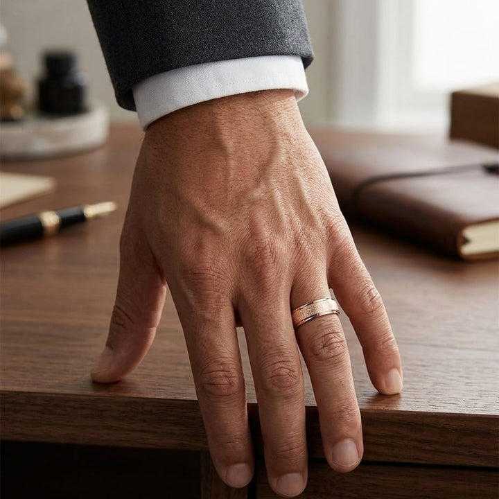 6.5mm Round Edge Swirl Finish Carved Wedding Band in 14K Rose Gold, worn on hand, masculine full view