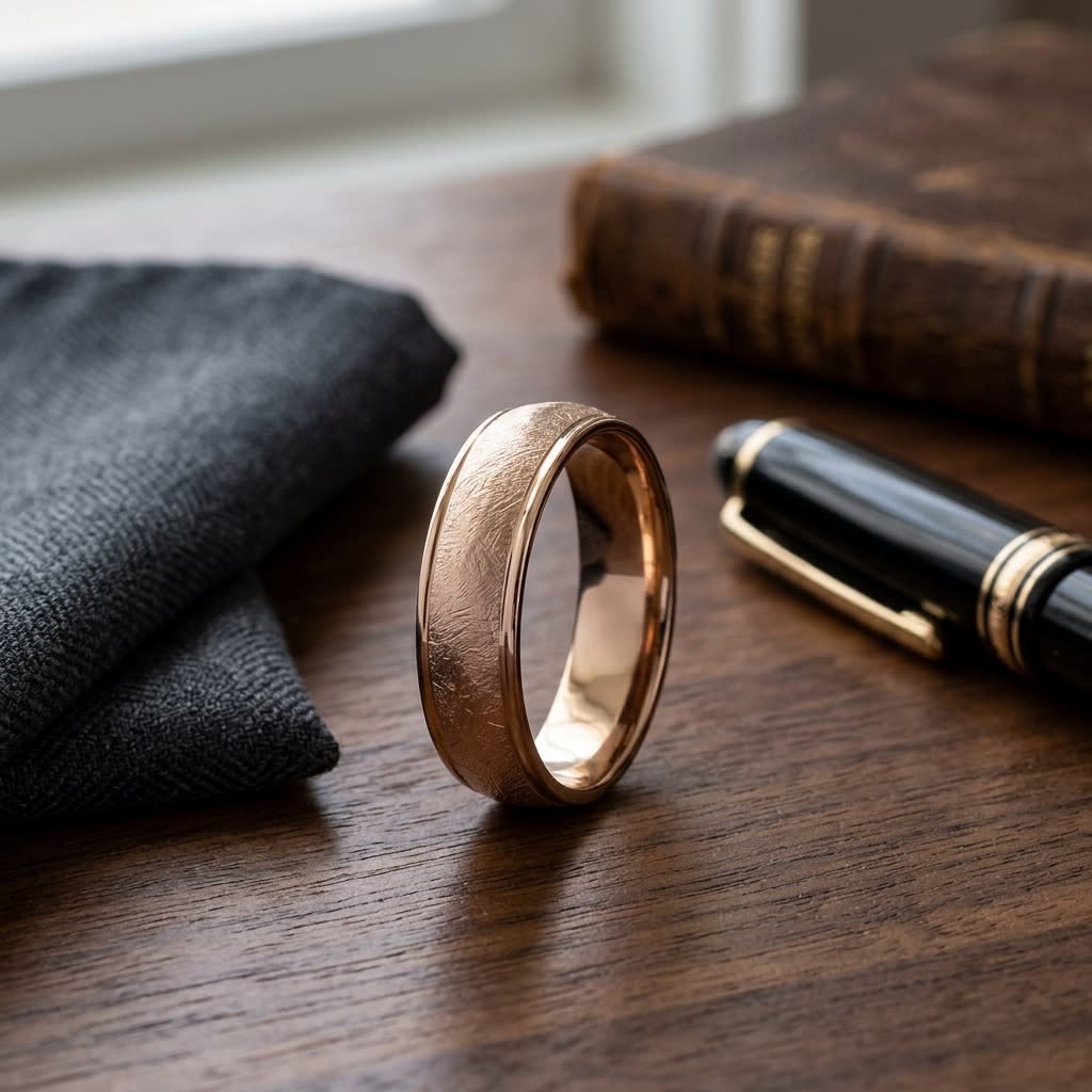 6.5mm Round Edge Swirl Finish Carved Wedding Band in 14K Rose Gold, on walnut surface with pocket square