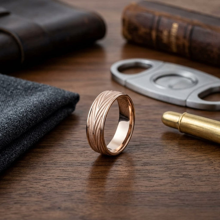 7mm Comfort-Fit Wedding Band in 14K Rose Gold, on walnut surface with pocket square