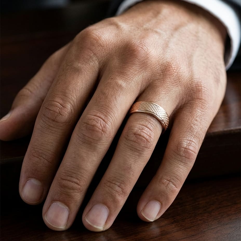 7.5mm Round Edge Mesh Center Carved Wedding Band in 14K Rose Gold, worn on hand, masculine close-up