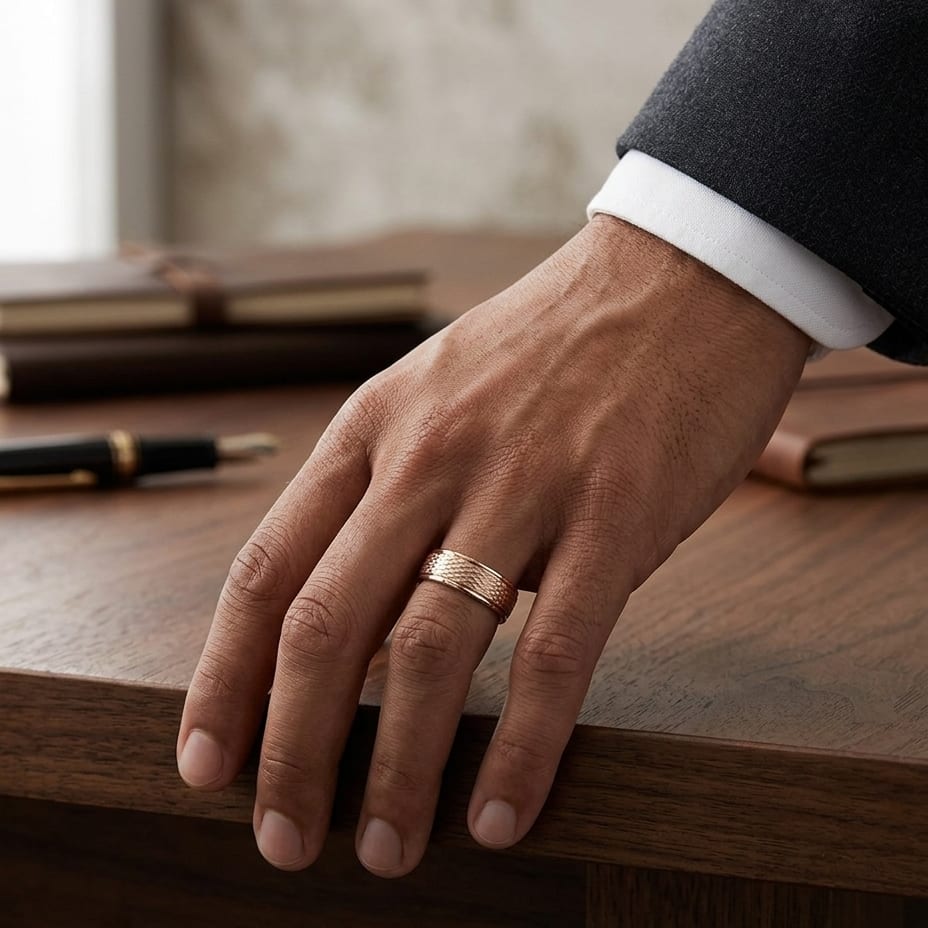 7.5mm Round Edge Mesh Center Carved Wedding Band in 14K Rose Gold, worn on hand, masculine full view