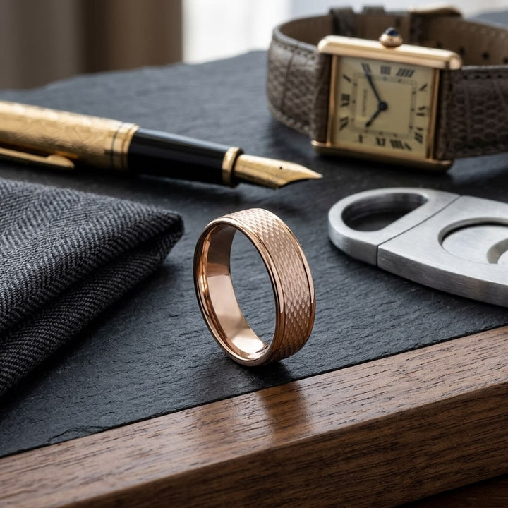 7.5mm Round Edge Mesh Center Carved Wedding Band in 14K Rose Gold, on walnut surface with pocket square