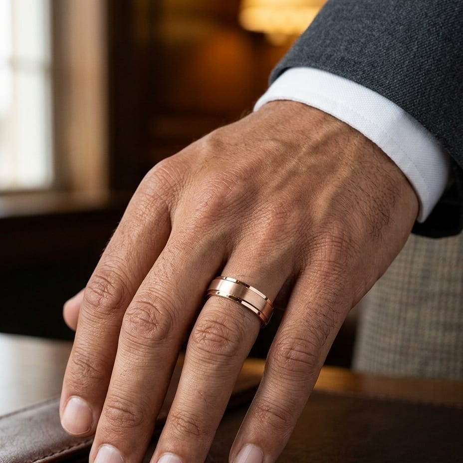 7mm Satin Finish Carved Wedding Band in 14K Rose Gold, worn on hand, masculine close-up