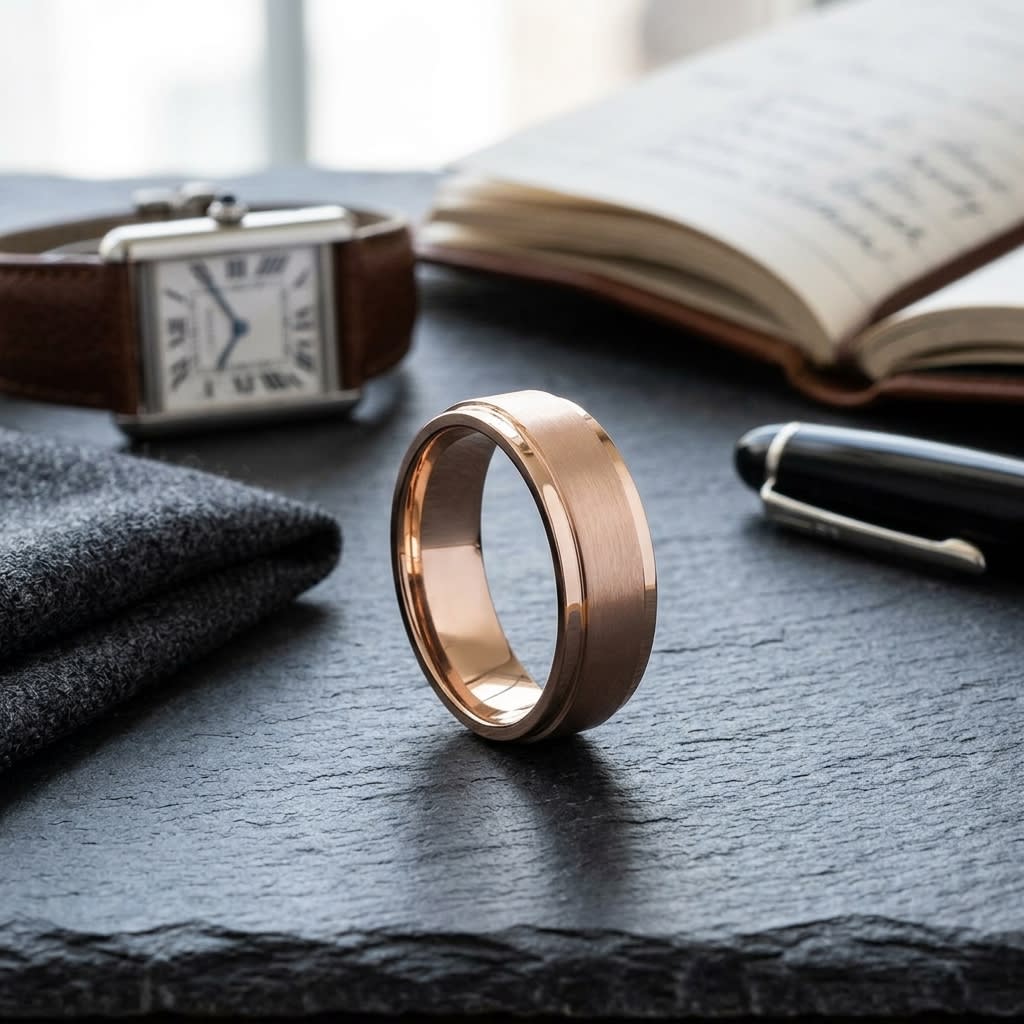 7mm Satin Finish Carved Wedding Band in 14K Rose Gold, on walnut surface with pocket square