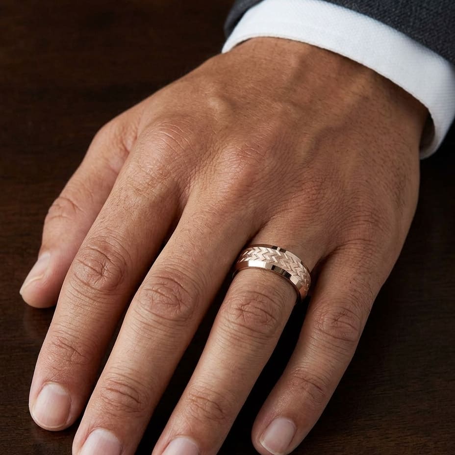 8mm Beveled Edge Treaded Carved Wedding Band in 14K Rose Gold, worn on hand, masculine close-up