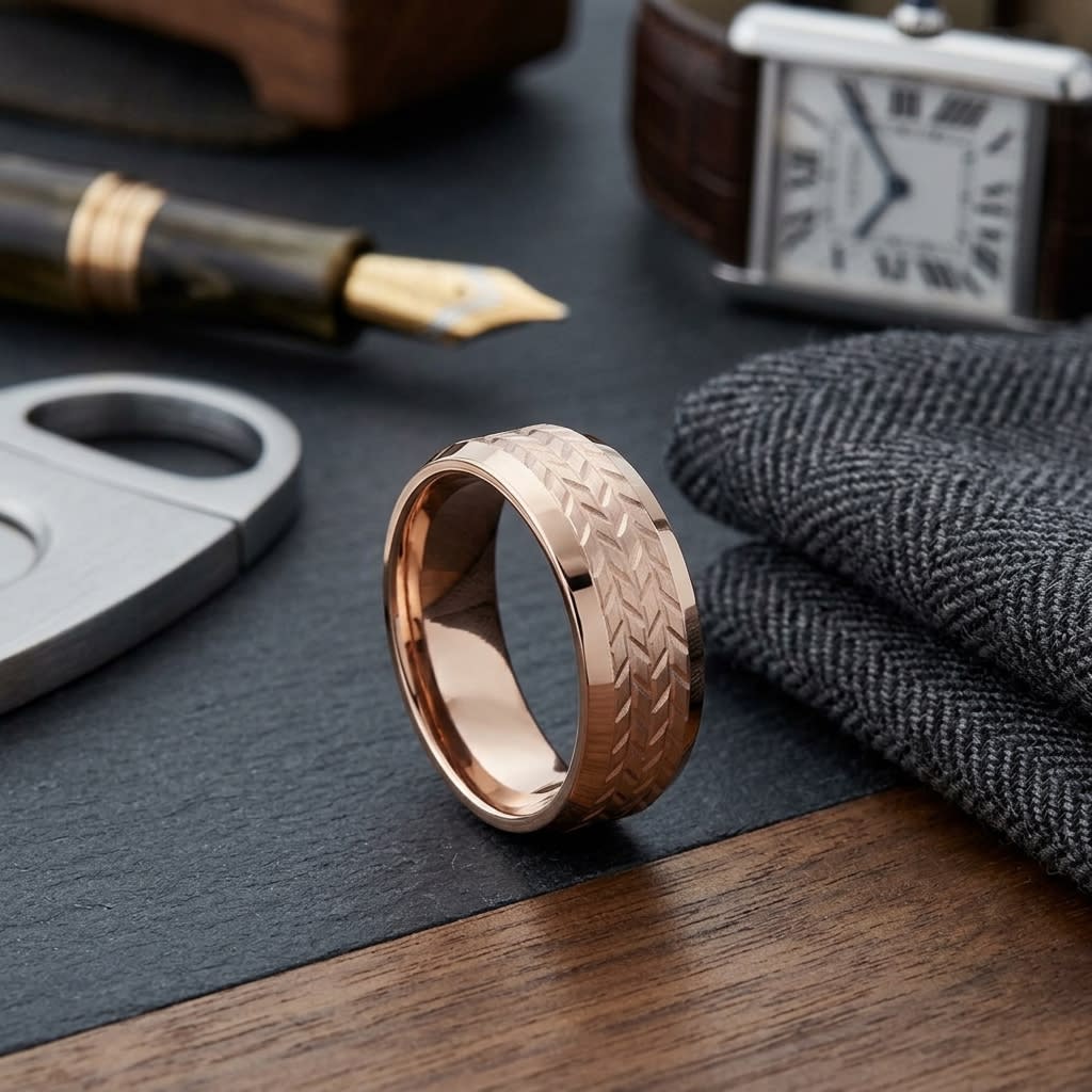 8mm Beveled Edge Treaded Carved Wedding Band in 14K Rose Gold, on walnut surface with pocket square