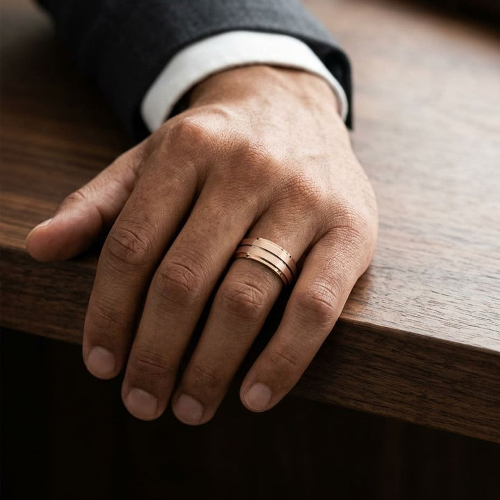 8mm Satin Finish Carved Wedding Band in 14K Rose Gold, worn on hand, masculine full view