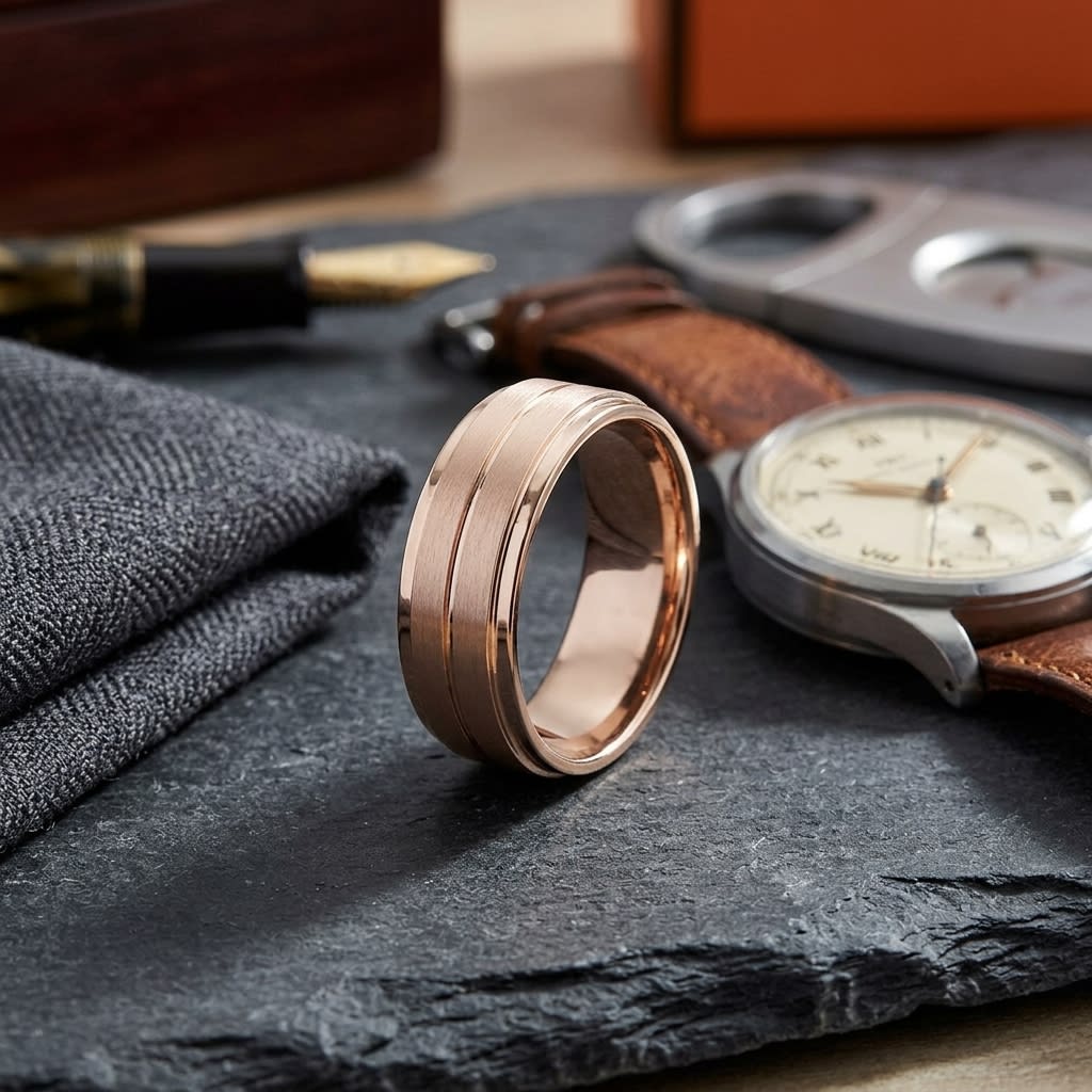 8mm Satin Finish Carved Wedding Band in 14K Rose Gold, on walnut surface with pocket square