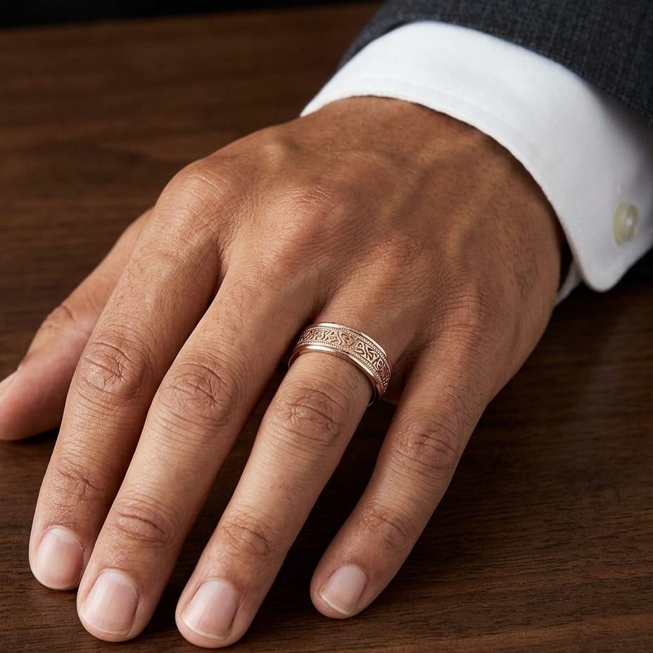 6mm Celtic Knot Carved Wedding Band in 14K Rose Gold, worn on hand, masculine close-up