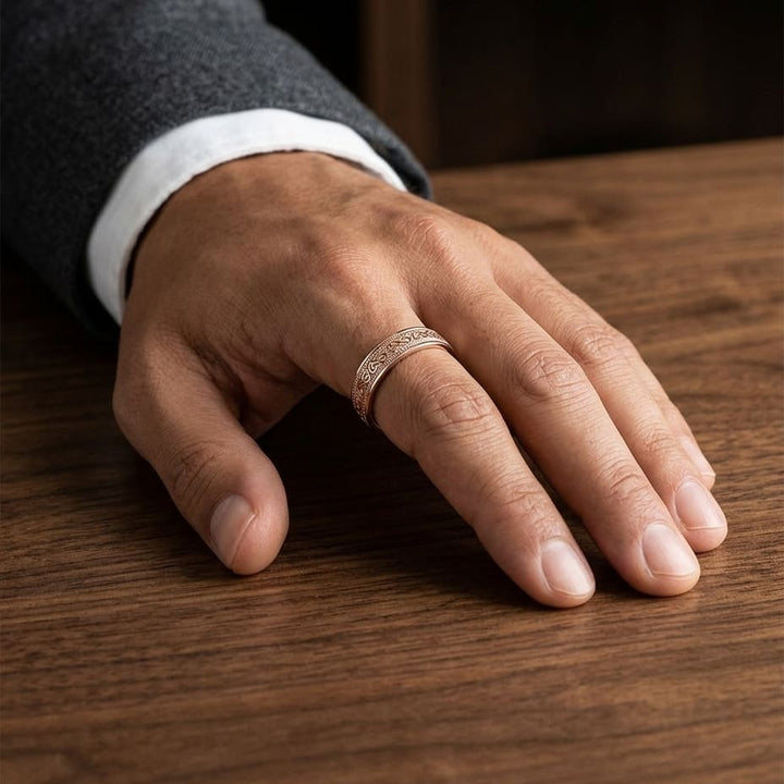 6mm Celtic Knot Carved Wedding Band in 14K Rose Gold, worn on hand, masculine full view