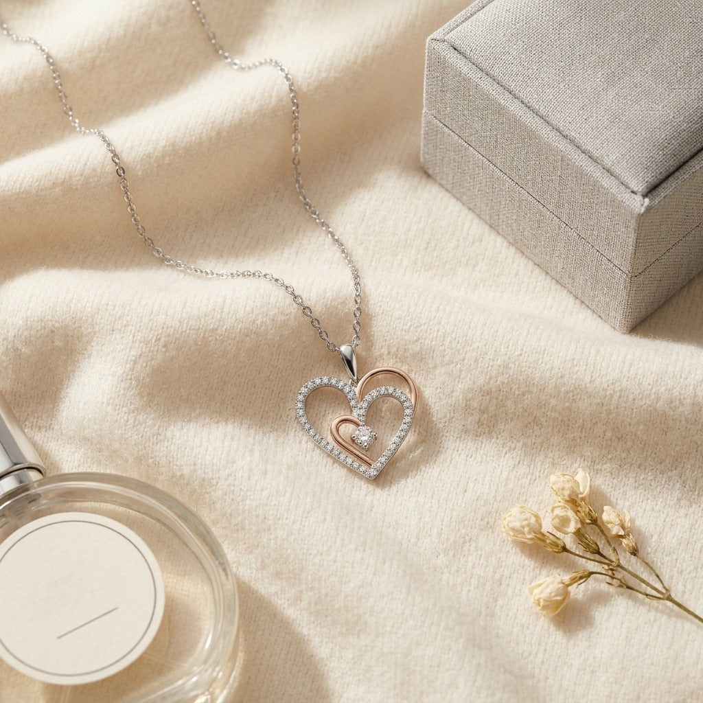 Diamond Two Tone Heart Pendant in 14K White/Rose Gold in 14K Rose Gold - flat lay