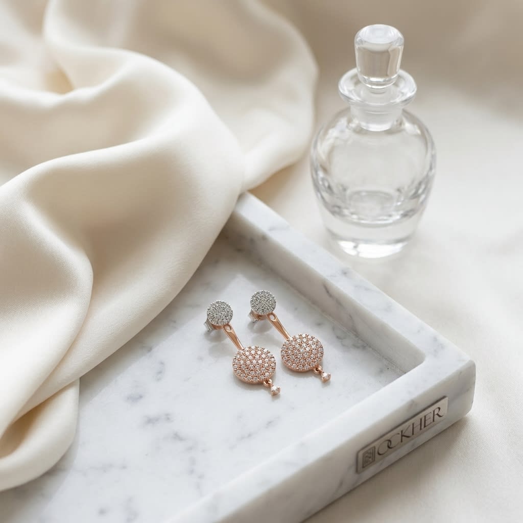 Diamond Pave Disk Duo Earring in 14K Two Tone Gold, on marble vanity tray with silk
