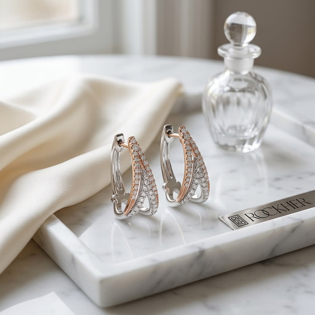 Diamond Pave Inverted Double-v Earring In 14k Rose And White Gold, on marble vanity tray with silk