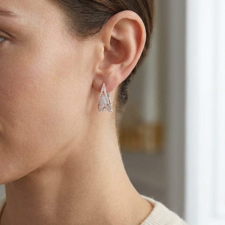 Diamond Pave Inverted Double-v Earring In 14k Rose And White Gold, worn close-up portrait