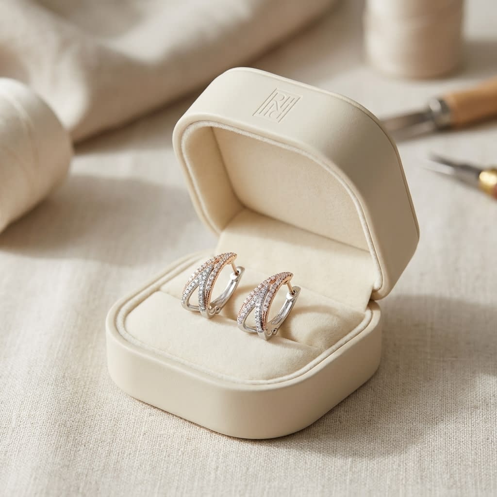 Diamond Pave Inverted Double-v Earring In 14k Rose And White Gold, in navy velvet jewelry box