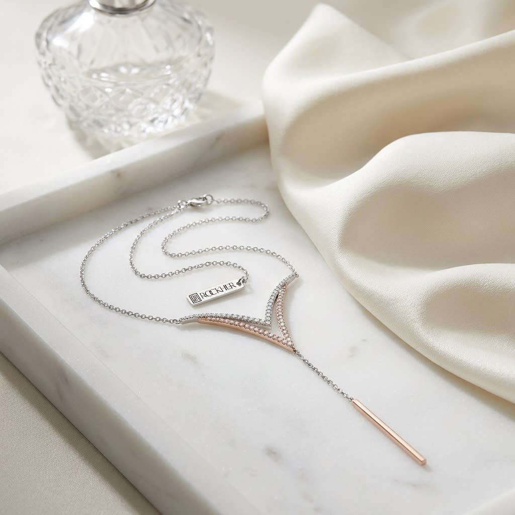 Diamond Pave Double-v And Solid Bar Y-necklace In 14k Rose And White Gold (16-18 In Adj Chn), on marble vanity tray with silk