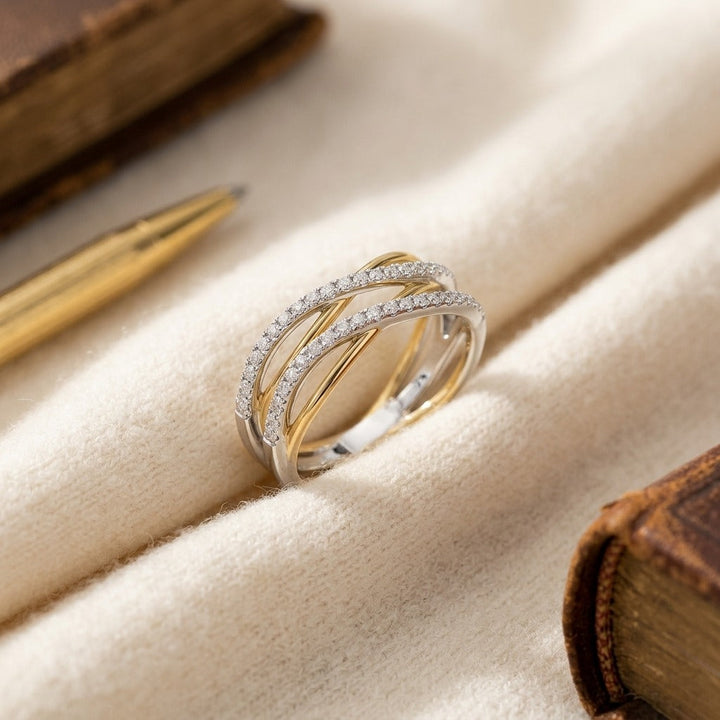 Diamond Double Wave Ring 1/6 Ctw in 14K Two-Tone Gold - flat lay