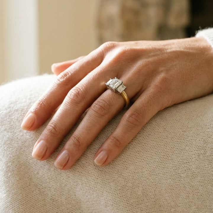3 Stone Emerald Cut Band in 14K Two-Tone Gold - lifestyle