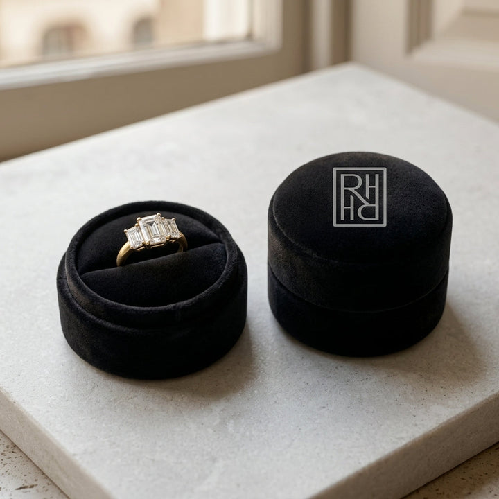 3 Stone Emerald Cut Band in 14K Two-Tone Gold - presentation