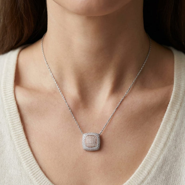 Diamond Pave Square Pendant In 14k Two Tone Gold (9/10 Ct.tw.), worn close-up portrait