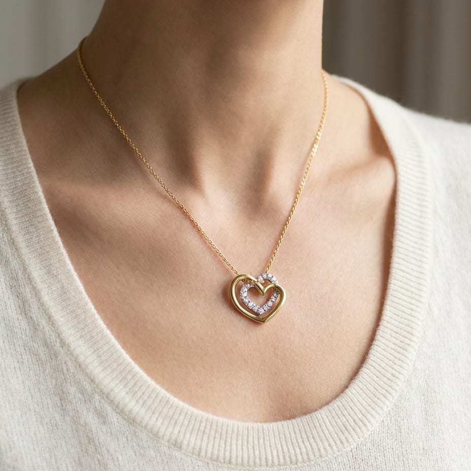 Diamond Pave Double Heart Pendant In Two Tone 14k Gold, worn close-up portrait