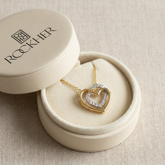 Diamond Pave Double Heart Pendant In Two Tone 14k Gold, in navy velvet jewelry box