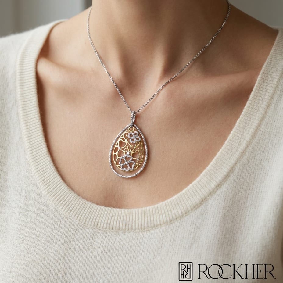 Diamond Tear Drop Scrolled Lattice Pendant In 14k Yellow And White Gold, worn close-up portrait