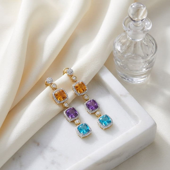 Multi-color Semi-precious And Diamond Dangle Pendant In 14k Two Tone, on marble vanity tray with silk