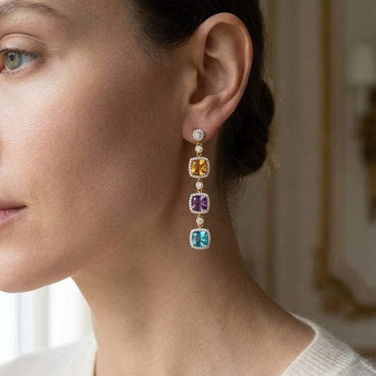 Multi-color Semi-precious And Diamond Dangle Pendant In 14k Two Tone, worn close-up portrait