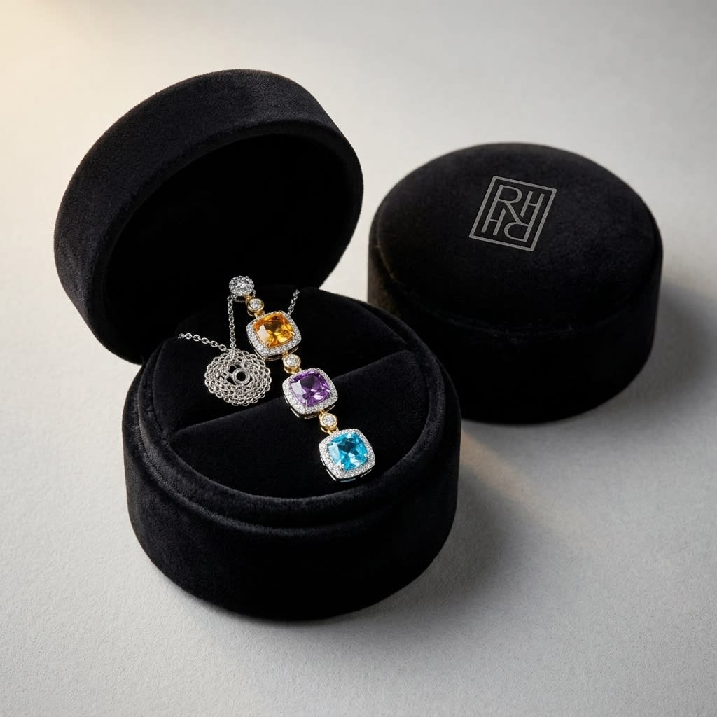 Multi-color Semi-precious And Diamond Dangle Pendant In 14k Two Tone, in navy velvet jewelry box
