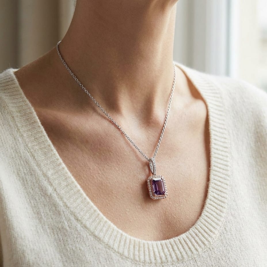 Amethyst And Diamond Emerald-cut Halo Pendant In 14k Two Tone Gold (8x6mm Center), worn close-up portrait